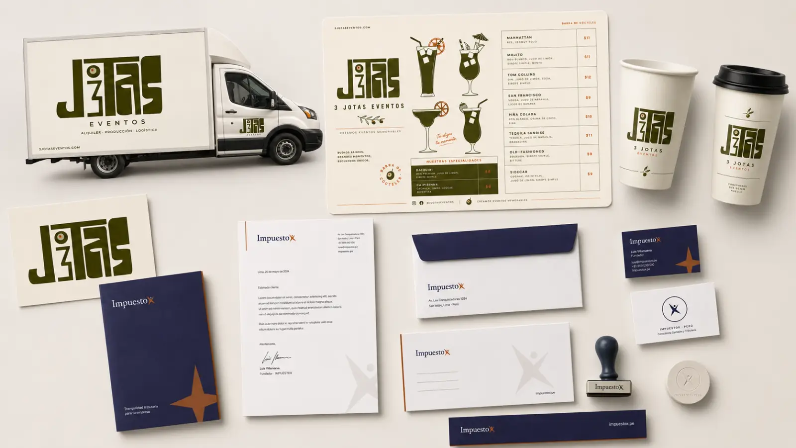 Papelería y aplicaciones de marca de 3 Jotas Eventos e Impuestox: furgoneta, carta, vasos, sobres y tarjetas
